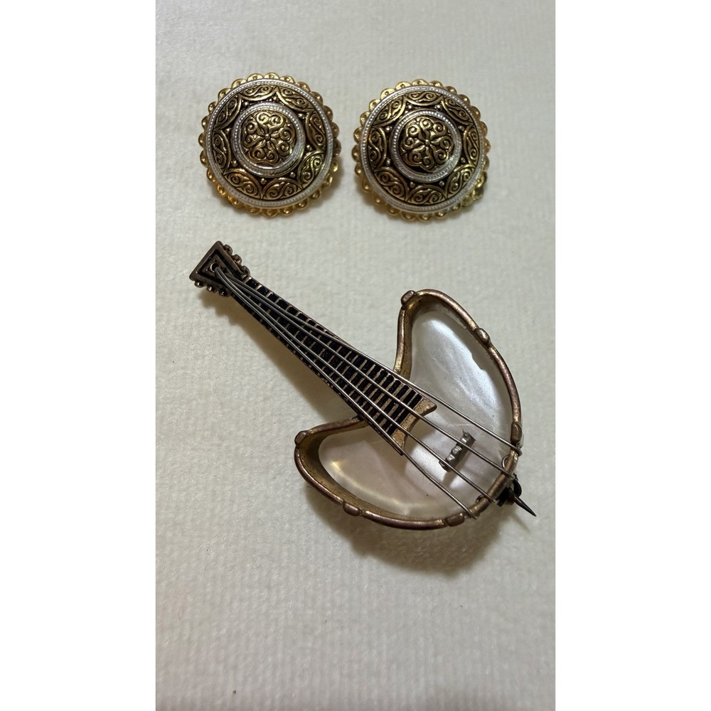 Vintage Spain Damascene Mandolin And Earrings